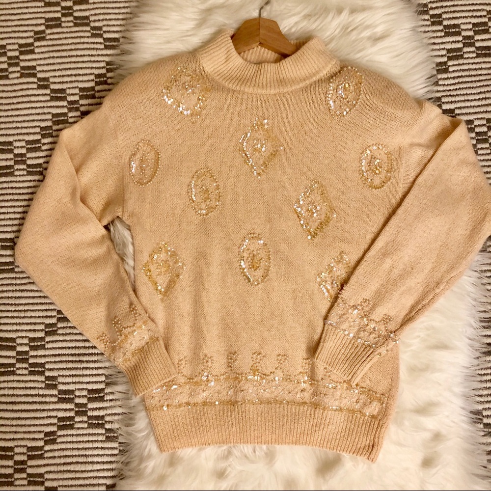CeZanne Vintage 80’s Rose Silk Crewneck pearl sequins Sweater M